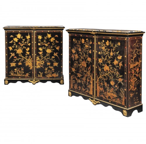 A rare pair of Regence Chinese lacquer and Parisian japanning cabinets