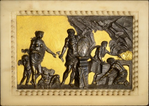 A Gilded and Patinated Bronze Relief within a Carved Marble Frame  - Decorative Objects Style Louis XVI