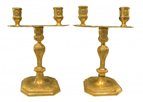 Pair of Louis XIV period two-light candlesticks