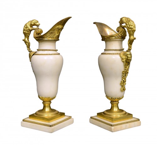 A Fine pair of Louis XVI ormolu mounted white marble ewers