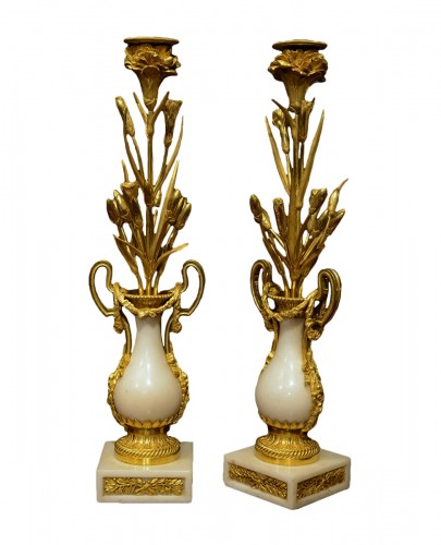 Pair of Louis XVI ormolu mounted marble candlesticks