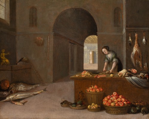 La cuisine du palais - École de Jan Van Kessel XVIIe siècle - Tableaux et dessins Style Louis XIII