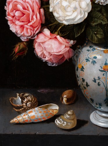 Vase de fleurs et coquillages sur un entablement, attribué à Abraham Bosschaert (1612/13-1643)  - Tableaux et dessins Style 