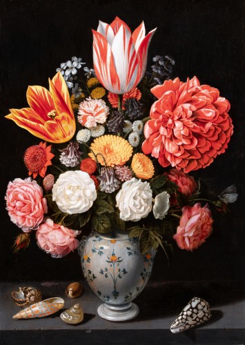 XVIIe siècle - Vase de fleurs et coquillages sur un entablement, attribué à Abraham Bosschaert (1612/13-1643) 