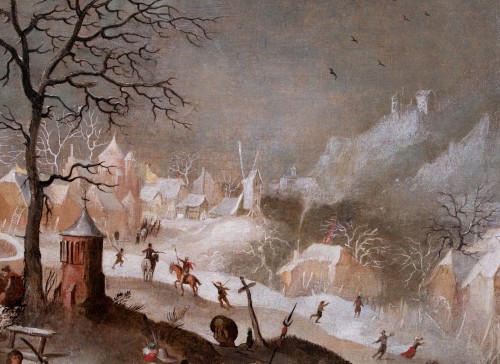 XVIIe siècle - Attaque d’un village en hiver. Atelier de Sébastien Vrancx (Anvers 1573-1647)