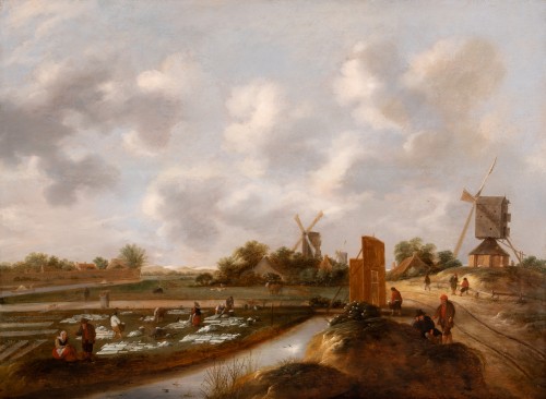 Paysage aux moulins avec lavandières. Klaes Molenaer (1626-1676) - Tableaux et dessins Style 