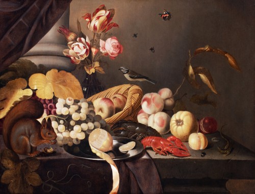  - Nature morte aux fleurs, fruits, insectes et écureuil. Par Jan Baptist Van Fornenburg