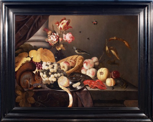 Antiquités - Nature morte aux fleurs, fruits, insectes et écureuil. Par Jan Baptist Van Fornenburg