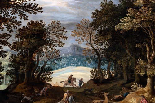 Chasse au cerf dans un paysage sylvestre - Paul Bril & atelier (fin du XVIe siècle) - Tableaux et dessins Style 