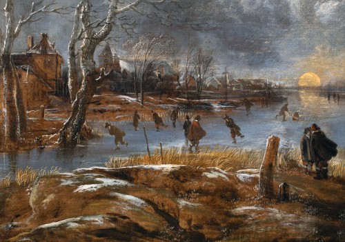 Paysage au soleil couchant animé de patineurs - Aert van der Neer (1603-1677) - Tableaux et dessins Style 