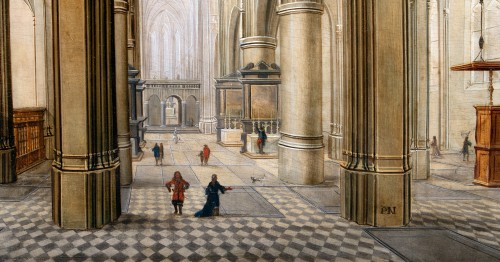 Intérieur de la cathédrale d’Anvers animée de personnages. École de Pieter II Neefs - Tableaux et dessins Style Louis XIII