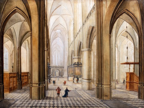 Tableaux et dessins Tableaux XVIIe siècle - Intérieur de la cathédrale d’Anvers animée de personnages. École de Pieter II Neefs