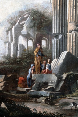 Ruines antiques animées de personnages - Atelier de Giovanni Paolo Panini (1691-1765) - Tableaux et dessins Style Louis XV