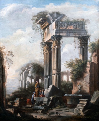 XVIIIe siècle - Ruines antiques animées de personnages - Atelier de Giovanni Paolo Panini (1691-1765)