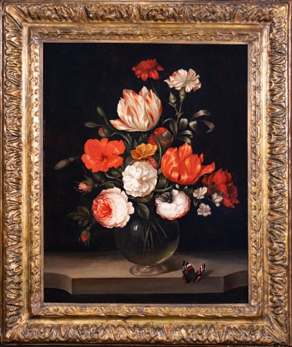 Vase de fleurs sur un entablement de marbre.Jean-Michel Picart (1600-1682) Attribué
