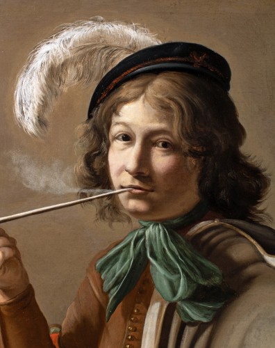 Jeune homme au béret fumant la pipe.École Caravagesque nordique du XVIIème siècle - Tableaux et dessins Style 