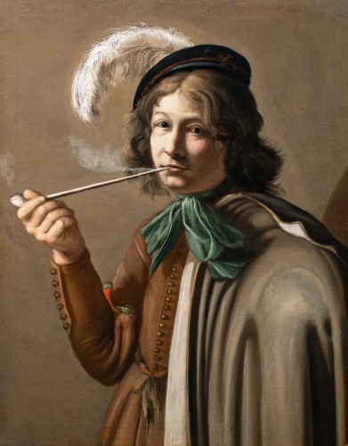 XVIIe siècle - Jeune homme au béret fumant la pipe.École Caravagesque nordique du XVIIème siècle