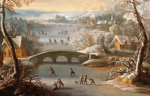 Tableaux et dessins Tableaux XVIIe siècle - Paysage d’hiver avec patineurs sur une rivière gelée, École Hollandaise XVIIe siècle
