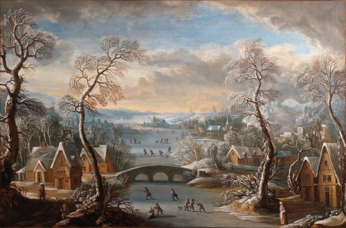 XVIIe siècle - Paysage d’hiver avec patineurs sur une rivière gelée, École Hollandaise XVIIe siècle