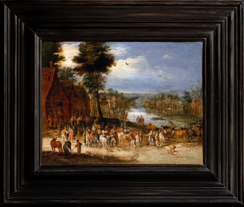 Paysage fluvial animé d’une scène de marché. Atelier de Jan Brueghel le Jeune 17e S