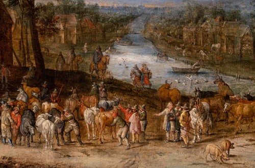 Paysage fluvial animé d’une scène de marché. Atelier de Jan Brueghel le Jeune 17e S - Tableaux et dessins Style 