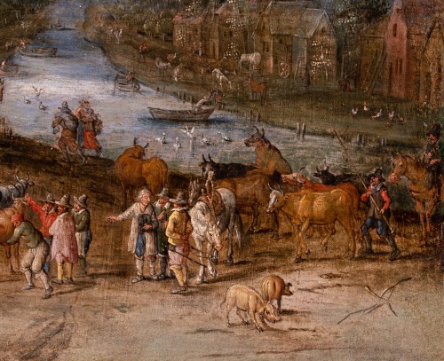 Tableaux et dessins Tableaux XVIIe siècle - Paysage fluvial animé d’une scène de marché. Atelier de Jan Brueghel le Jeune 17e S