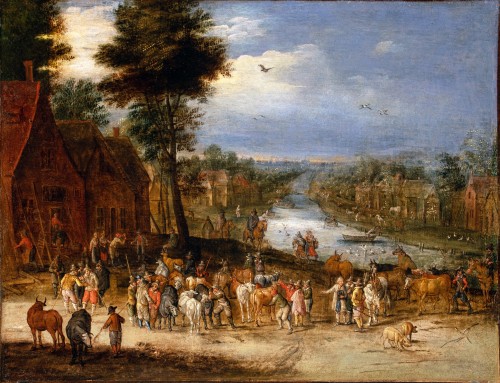 XVIIe siècle - Paysage fluvial animé d’une scène de marché. Atelier de Jan Brueghel le Jeune 17e S