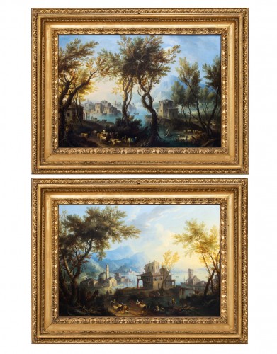 Giovanni Battista Cimaroli (1687-1771) Paysages lacustres animés de personnages