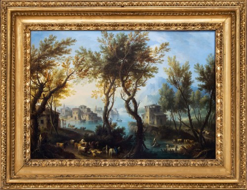 Giovanni Battista Cimaroli (1687-1771) Paysages lacustres animés de personnages - Tableaux et dessins Style 