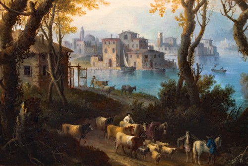 XVIIIe siècle - Giovanni Battista Cimaroli (1687-1771) Paysages lacustres animés de personnages
