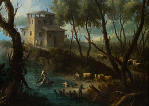 Giovanni Battista Cimaroli (1687-1771) Paysages lacustres animés de personnages - 