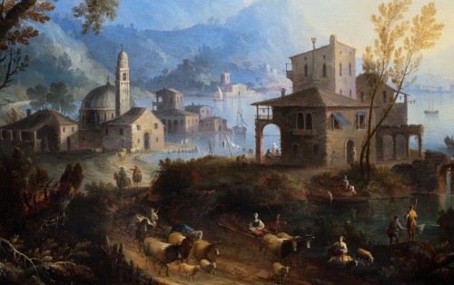 Antiquités - Giovanni Battista Cimaroli (1687-1771) Paysages lacustres animés de personnages