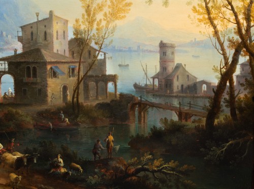 Antiquités - Giovanni Battista Cimaroli (1687-1771) Paysages lacustres animés de personnages