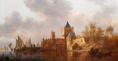Pieter Pietersz. de NEYN (1597 - 1639) Estuaire avec pêcheurs au pied d’un château - Tableaux et dessins Style 