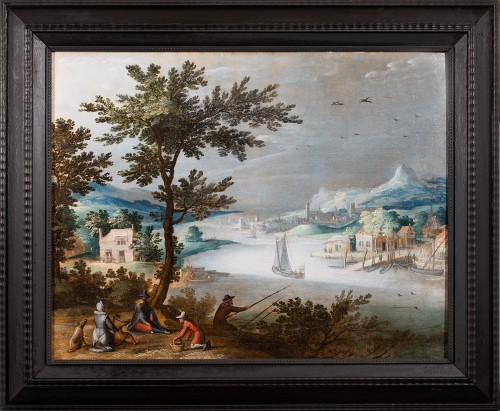 Willem van Nieulandt (1584–1635). Animated river landscape with rustic picn