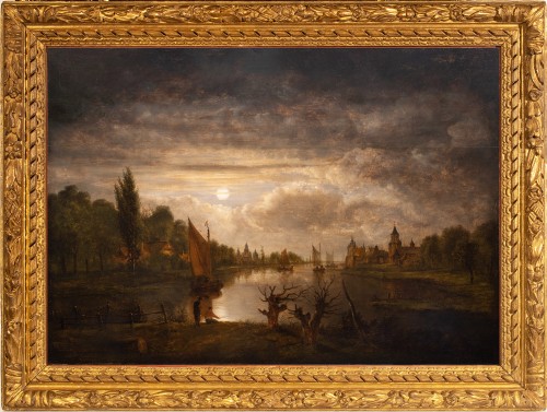 Aert van der Neer (1603–1677) et atelier.Paysage au clair de lune, avec deux pêcheurs