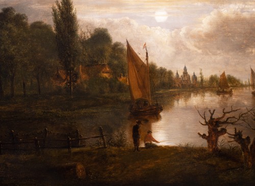 Tableaux et dessins Tableaux XVIIe siècle - Aert van der Neer (1603–1677) et atelier.Paysage au clair de lune, avec deux pêcheurs