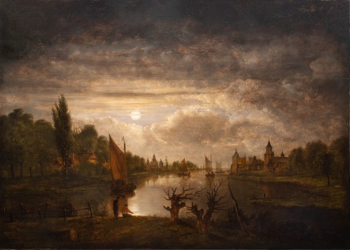 Aert van der Neer (1603–1677) et atelier.Paysage au clair de lune, avec deux pêcheurs - Galerie FC Paris