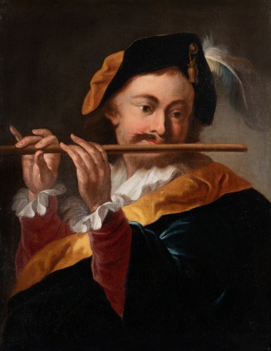 Paintings & Drawings  - Half length Flute Player - Roman School, first half of the 18th century