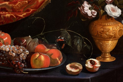 Tableaux et dessins Tableaux XVIIe siècle - Fruits , vase de fleurs et papillon, Francesco Cittadini et atelier (XVIIe siècle)