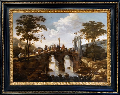 Adam Pynacker (1622-1673) Caravan Crossing a Bridge in an Italianate Landsc