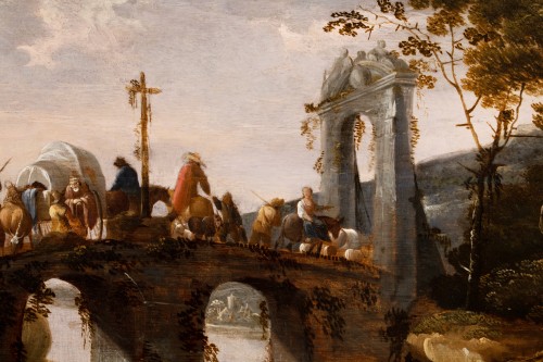 Paintings & Drawings  - Adam Pynacker (1622-1673) Caravan Crossing a Bridge in an Italianate Landsc
