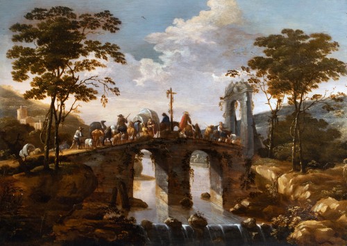 Adam Pynacker (1622-1673) Caravan Crossing a Bridge in an Italianate Landsc - 