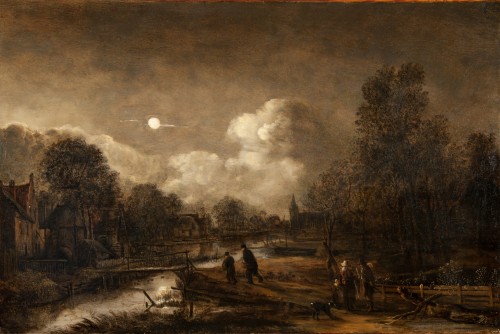 XVIIe siècle - Paysage au clair de lune animé de personnages - Aert van der Neer (1603-1677)