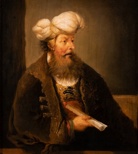 Tableaux et dessins Tableaux XVIIe siècle - Portrait d’homme en costume Oriental - École de Rembrandt époque XVIIe Siècle