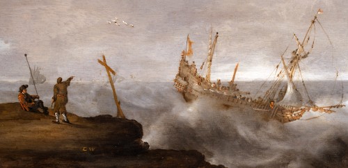 Tableaux et dessins Tableaux XVIIe siècle - Baleine devant un navire Hollandais - Claes Claesz Wou (1592-1665)