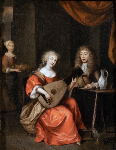 Tableaux et dessins Tableaux XVIIe siècle - Jeune femme jouant du luth - Attribué à Gérard Ter Borch (1617-1681