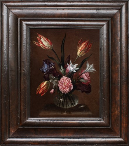 Vase de fleurs, tulipes, iris, narcisse et rose de damas. Antonio Ponce (1608-1677)