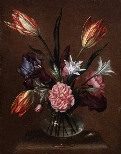 Vase de fleurs, tulipes, iris, narcisse et rose de damas. Antonio Ponce (1608-1677) - Tableaux et dessins Style 