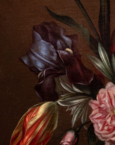 Tableaux et dessins Tableaux XVIIe siècle - Vase de fleurs, tulipes, iris, narcisse et rose de damas. Antonio Ponce (1608-1677)
